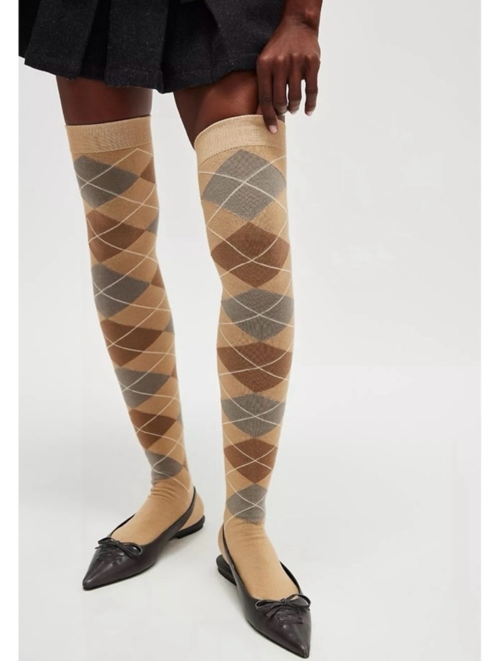 Free People Argyle Prep School Knee High Socks in Beige NWT Preppy Grunge Punk